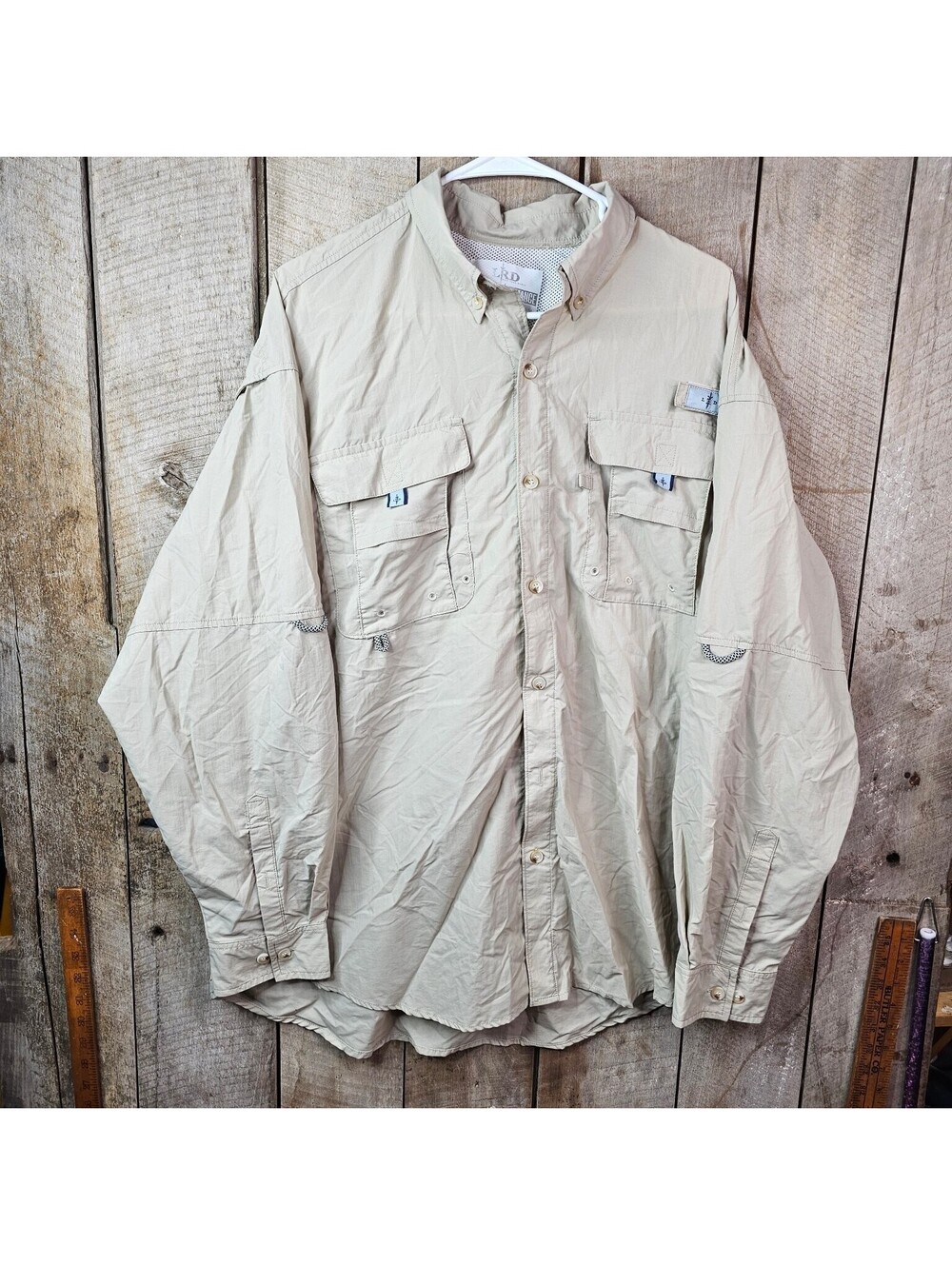 LRD Performance Men's XL Nylon Vented Fishing Shirt Tarpon Embroidery Beige